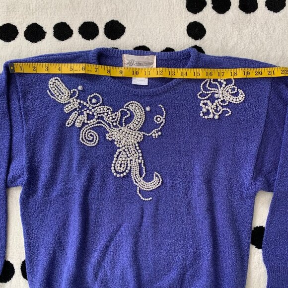 Vintage 80s Cobalt Blue Beaded Pearl Knit Pullover Crewneck Sweater - Picture 11 of 16